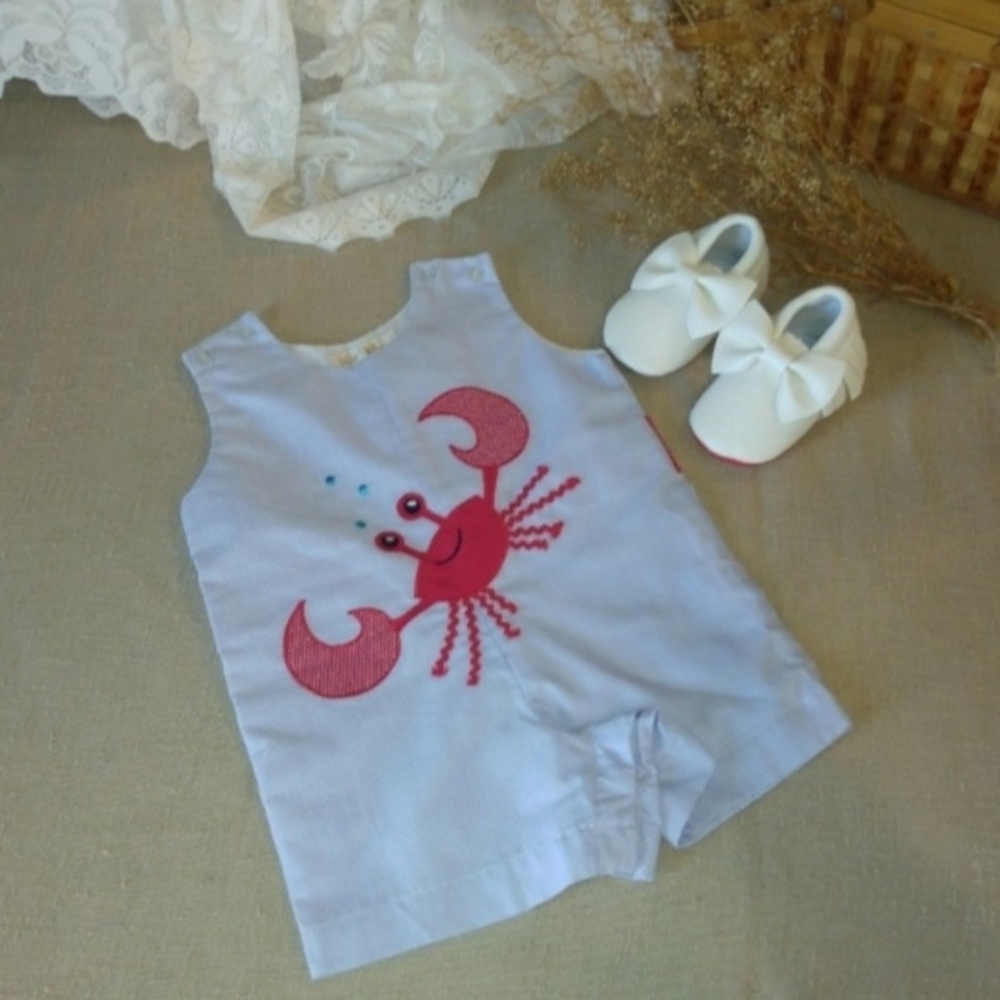 Adorable Crab Embroidered Blue Romper